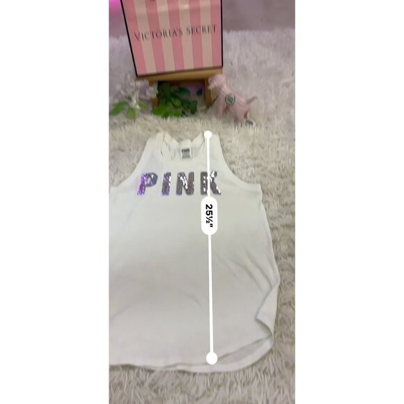Victorias Secret Pink Silver Sequin Logo White Tank Top XS Glitter Sparkle - Picture 12 of 12